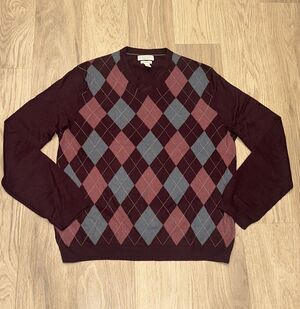 Banana Republic Silk Cashmere Argyle Sweater Red Pink Gray Mens L 2000s READ